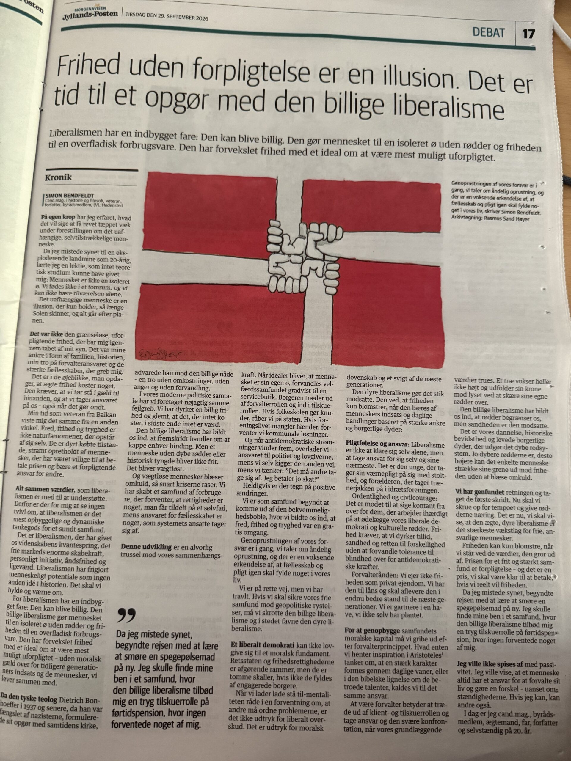 Kronik i Jyllands-Posten af Simon Bendfeldt d. 29. september 2026